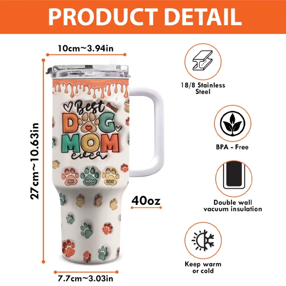 Best Dog Mom Ever BK - Dog & Cat Personalized Custom 3D Inflated Effect Printed 40 Oz Stainless Steel Tumbler With Handle - Gift For Pet Owners, Pet Lovers