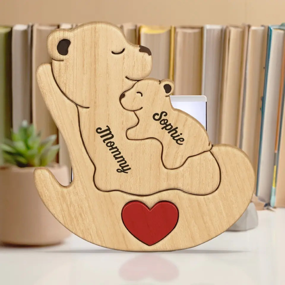 A Grandma Is A Safe Haven - Family Personalized Custom Bear Shaped Wooden Art Puzzle - Wooden Pet Carvings, Wood Sculpture Table Ornaments, Carved Wood Decor - Gift For Mom, Grandma
