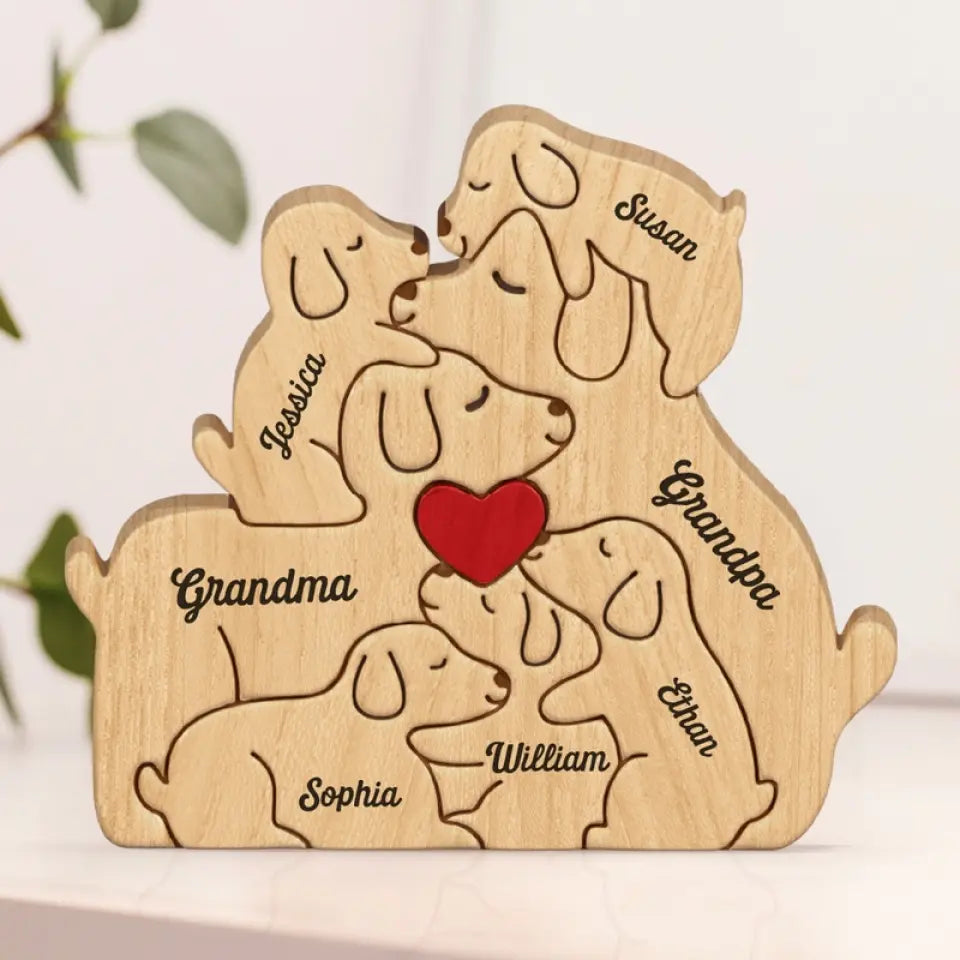 The Love Of A Family Is A Life's Greatest Blessing - Family Personalized Custom Puppy Shaped Wooden Art Puzzle - Wooden Pet Carvings, Wood Sculpture Table Ornaments, Carved Wood Decor - Gift For Family Members