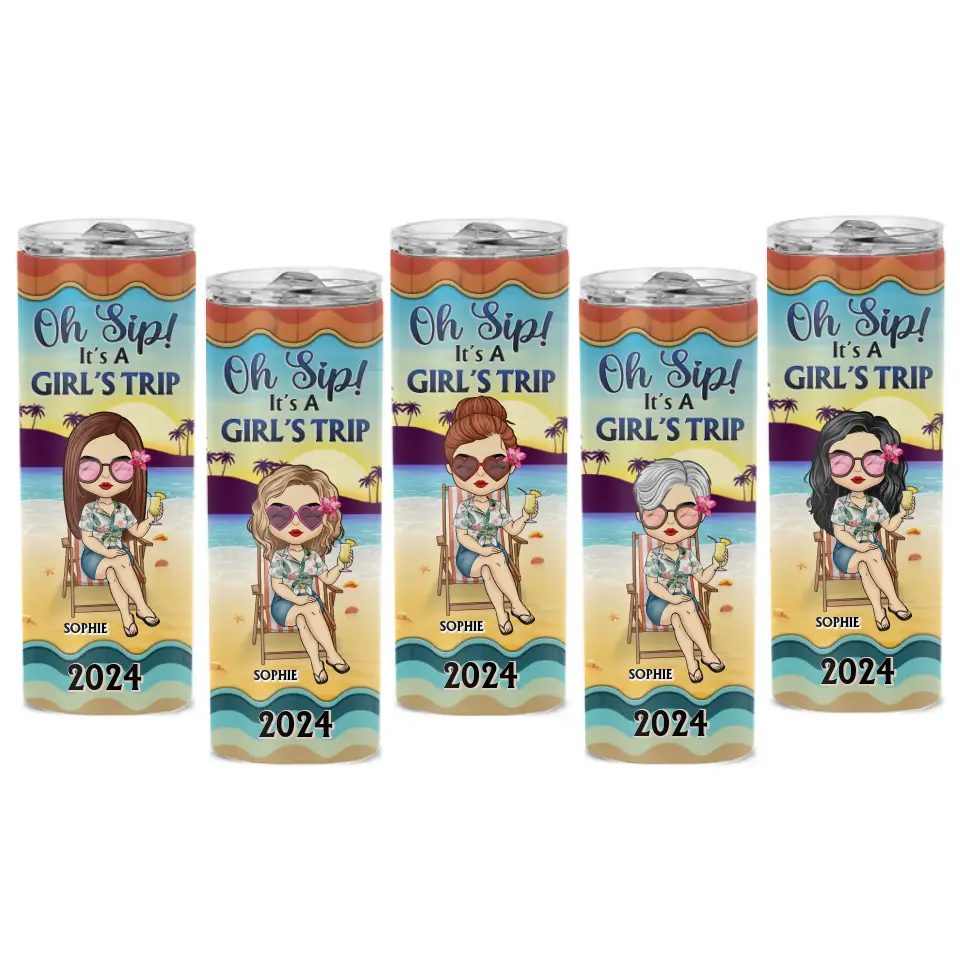 Oh Sip It's A Girl Trip - Bestie Personalized Custom Skinny Tumbler - Summer Vacation Gift, Birthday Pool Party Gift For Best Friends, BFF, Sisters