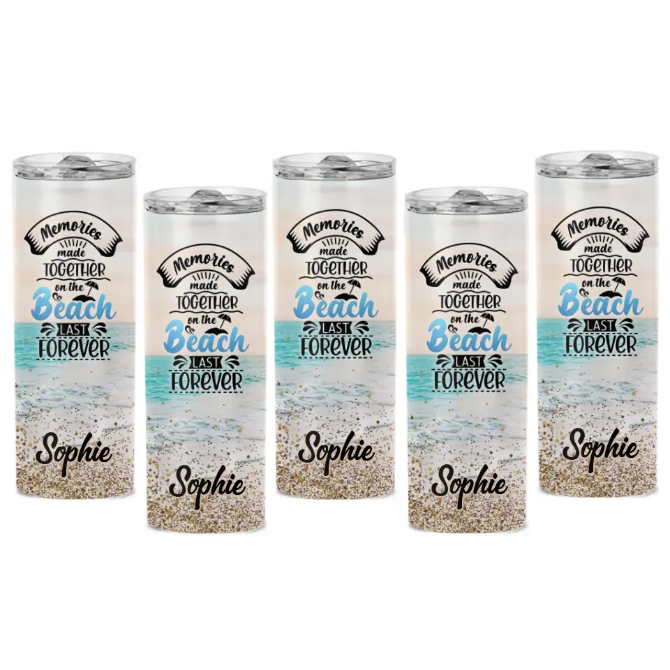 Memories Made Together On The Beach Last Forever - Family Personalized Custom Skinny Tumbler - Summer Vacation Gift, Birthday Pool Party Gift For Family Members