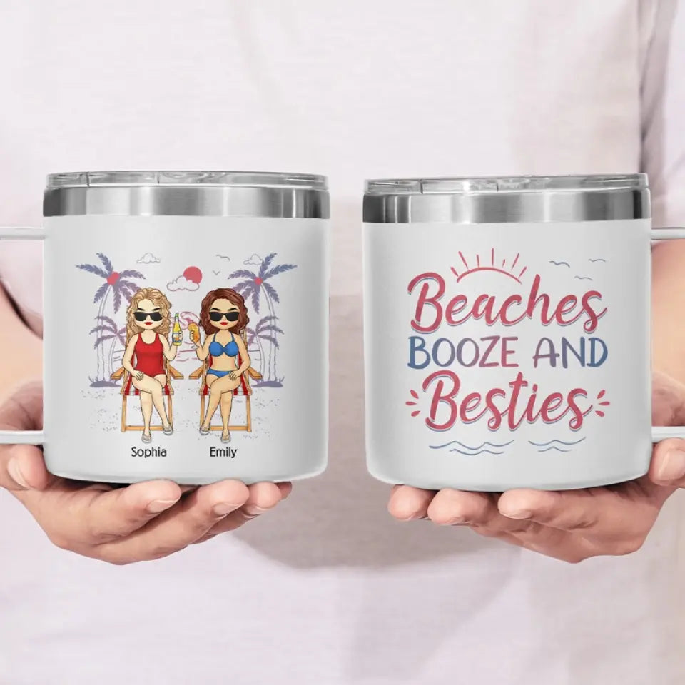 Friends, Sun, And Adorable Moments - Bestie Personalized Custom 14oz Stainless Steel Tumbler With Handle - Summer Vacation Gift For Best Friends, BFF, Sisters