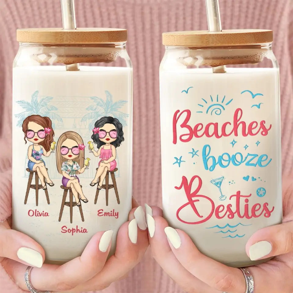 Beach Days And Besties Always - Bestie Personalized Custom Glass Cup, Iced Coffee Cup - Summer Vacation Gift For Best Friends, BFF, Sisters