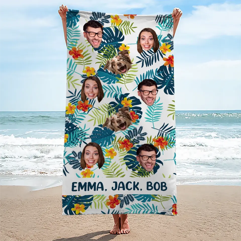Custom Photo In Summer, The Song Sings Itself - Family Personalized Custom Beach Towel - Summer Vacation Gift, Birthday Pool Party Gift For Family Members, Pet Owners, Pet Lovers