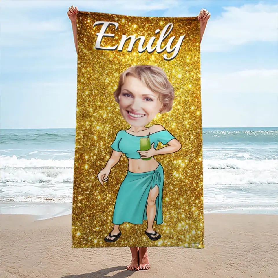 Custom Photo Running Towards The Beach And The Sun - Family Personalized Custom Beach Towel - Summer Vacation Gift, Birthday Pool Party Gift For Family Members