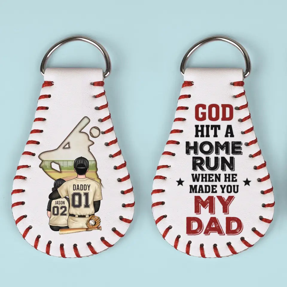God Hit A Home Run When He Made You - Family Personalized Custom Leather Keychain - Gift For Family Members