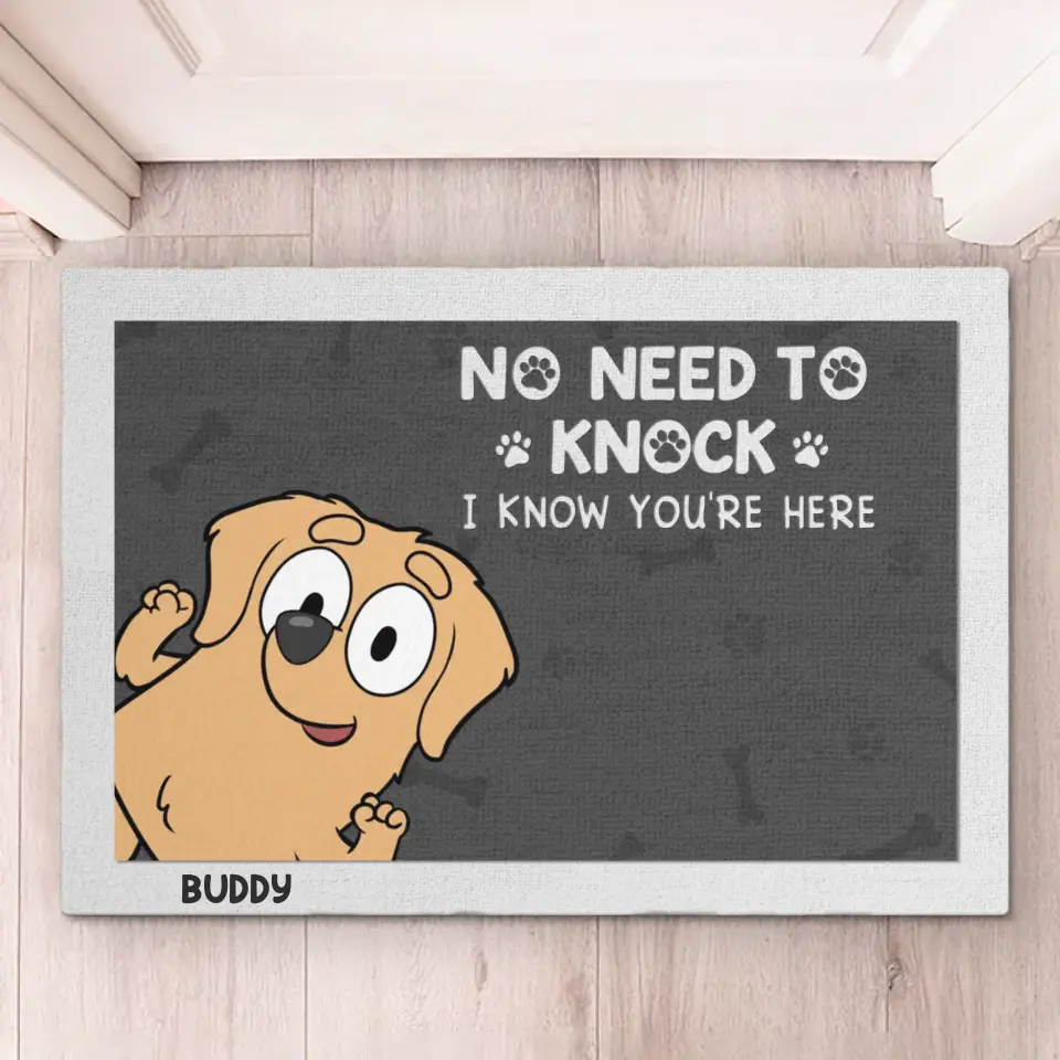 Welcome In, We Know You're Here - Dog Personalized Custom Home Decor Decorative Mat - House Warming Gift For Pet Owners, Pet Lovers