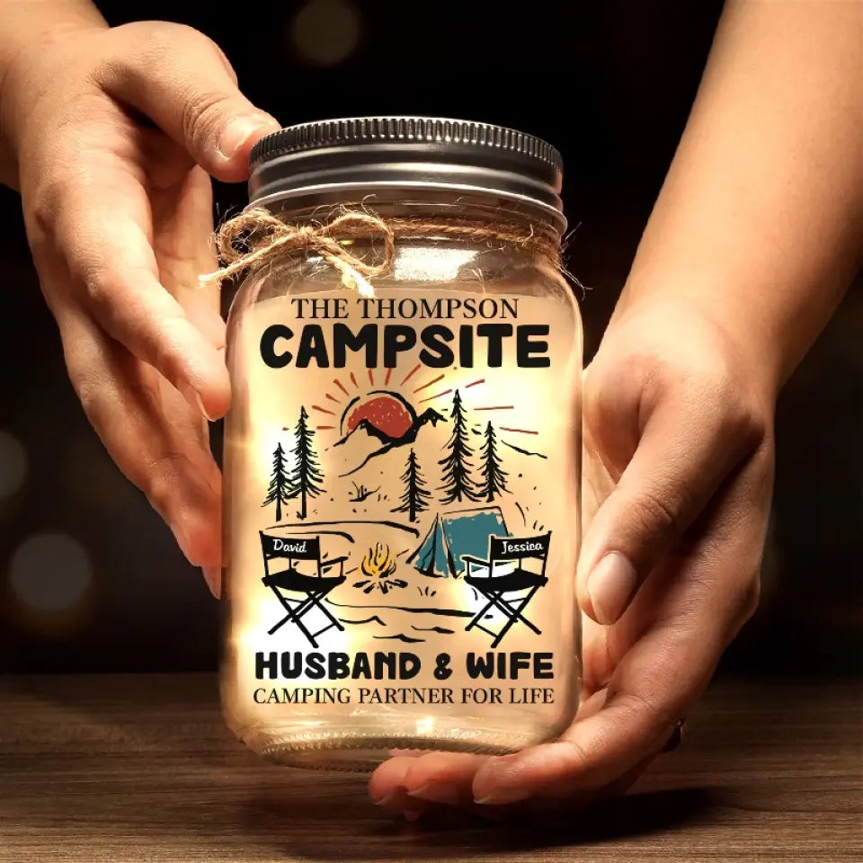 Making Memories One Campsite At A Time - Camping Personalized Custom Mason Jar Light - Gift For Couple, Husband Wife, Camping Lovers
