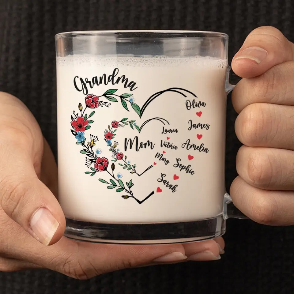 First Mom Now Grandma - Family Personalized Custom Glass Mug - Gift For Mom, Grandma