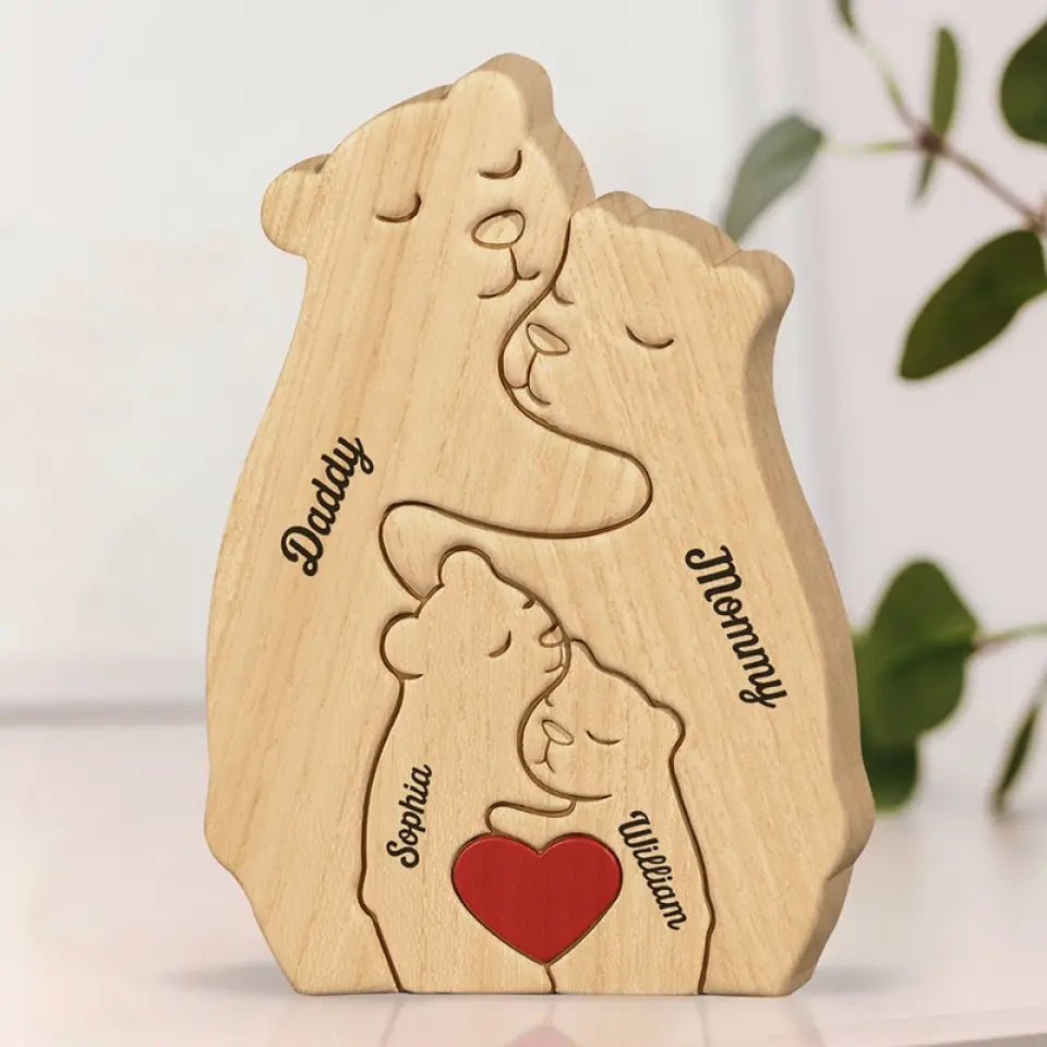 I Love My Family - Family Personalized Custom Bear Shaped Wooden Art Puzzle - Wooden Pet Carvings, Wood Sculpture Table Ornaments, Carved Wood Decor - Gift For Family Members