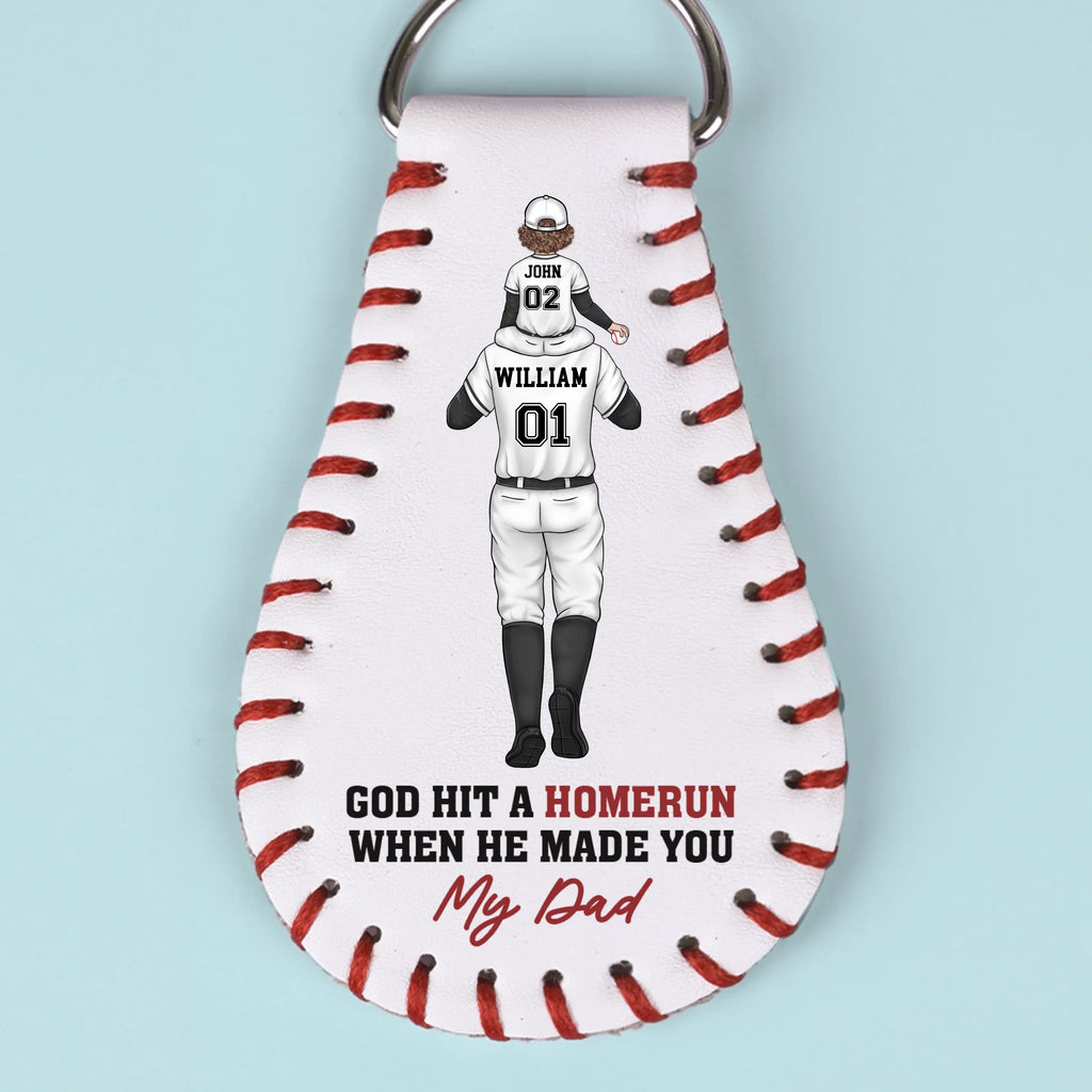 God Hit A Homerun When He Made You My Dad - Family Personalized Custom Leather Keychain - Father's Day, Gift For Dad, Sport Lovers, Sport Players