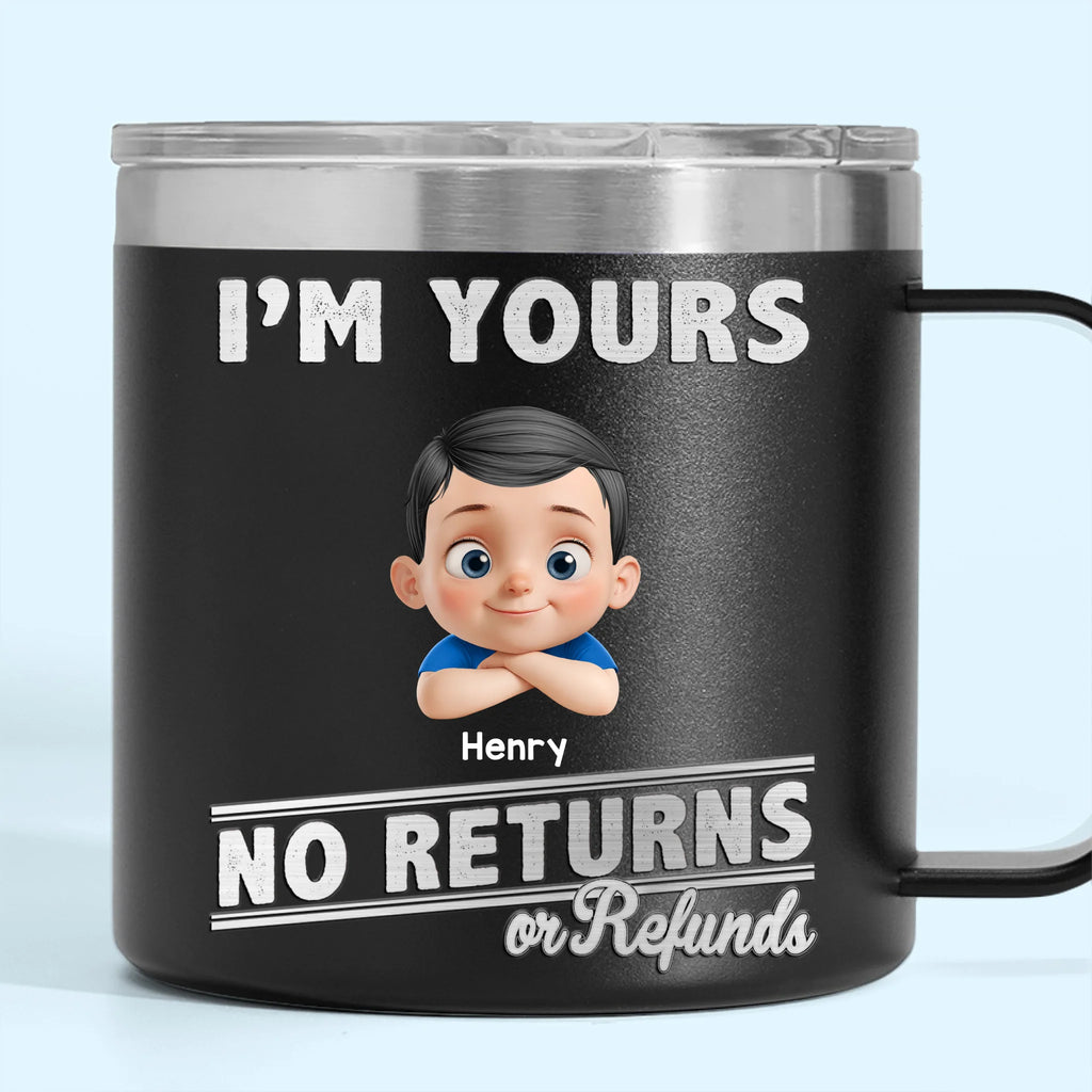 Fatherhood, No Return Policy Since Day One - Family Personalized Custom 14oz Stainless Steel Tumbler With Handle - Father's Day, Gift For Dad, Grandpa