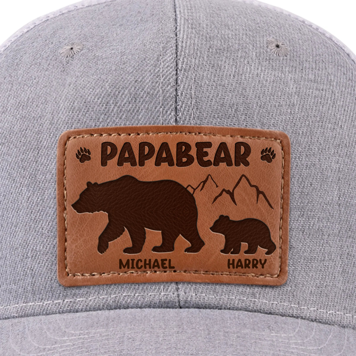 Papa Bear And His Cub - Family Personalized Custom Leather Patch Hat - Father's Day, Gift For Dad, Grandpa