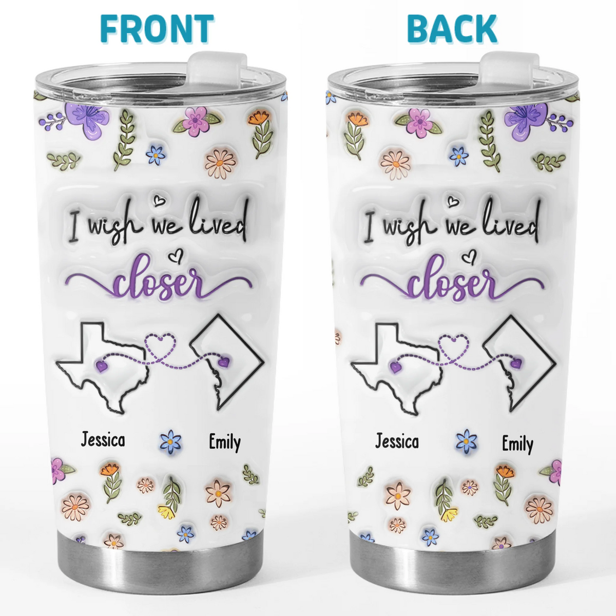 Custom 3D Inflated Effect Printed Tumbler - Personalized Best Friend Christmas Birthday Gifts For Women, Besties, Sisters, BFF - Hearts Connected Across States