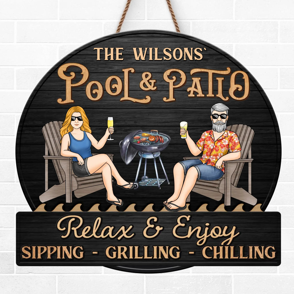 Custom Home Decor Wood Sign - Personalized Anniversary Wedding Gifts For Husband And Wife, Him And Her - Just A Couple, Pool & Patio Sipping Chilling