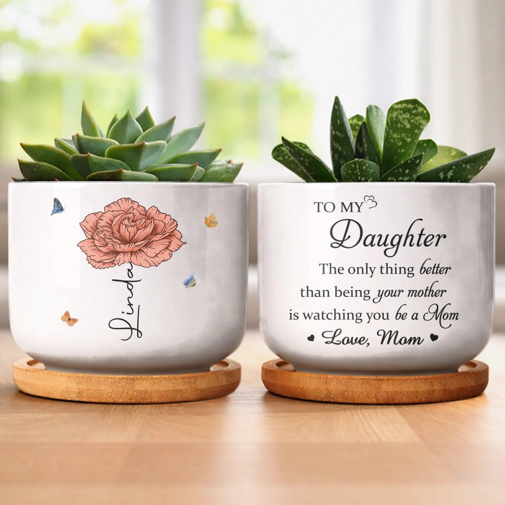 Her Love Blooms In Every Season - Family Personalized Custom Home Decor Ceramic Plant Pot - Mother's Day, House Warming Gift For Mom, Daughter