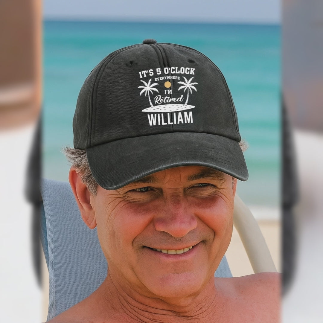 Custom Vintage Washed Denim Baseball Cap - Personalized Retirement Gifts For Women, Men - It's 5 O'Clock Everywhere But I'm Retired